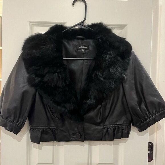BeBe Soft Leather Dyed Rabbit Fur Cropped Short Sleeve Jacket Black Size Medium - Picture 1 of 10